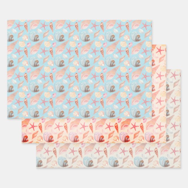 Feuille De Papier Cadeau Coquillages et cônes ensemble de 3 (Lot)