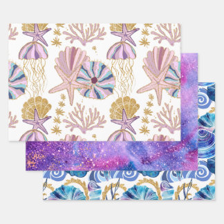 Feuille De Papier Cadeau Coquillages étoiles de mer bleues violettes or ros