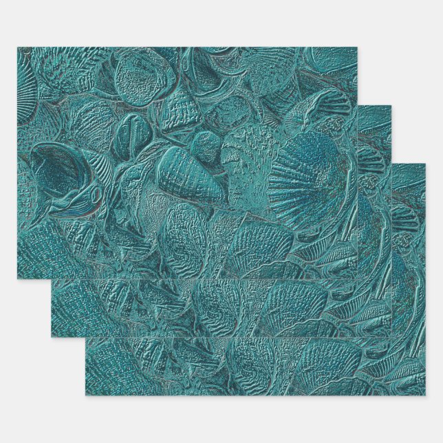 Feuille De Papier Cadeau Coquillages Ocean Beach Style métallique Turquoise (Lot)
