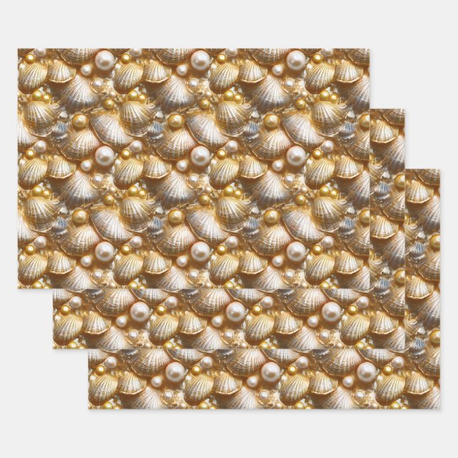 Feuille De Papier Cadeau Coquillages perles d'or perle luster coquille de p (Lot)