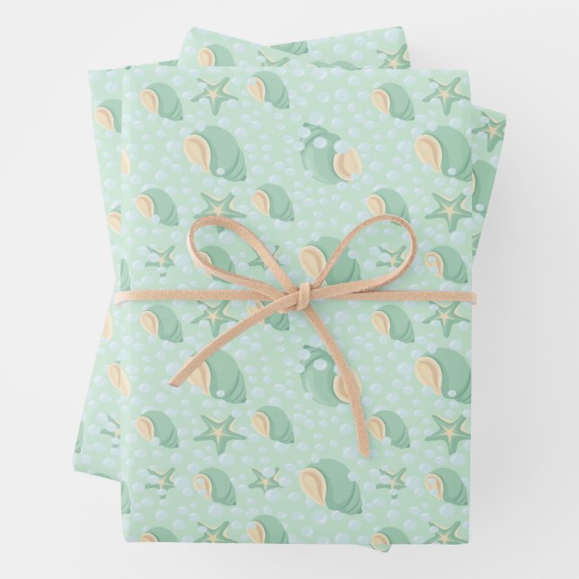 Feuille De Papier Cadeau Coquillages verts et bulles (En situation)