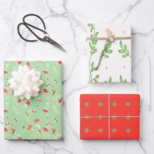 Feuille De Papier Cadeau Corail, floral vert et blanc