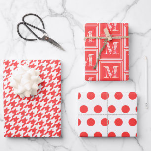 Feuille De Papier Cadeau Corail Rouge Houndstooth Monogram Polka Dot