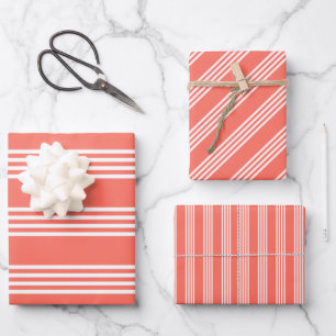Feuille De Papier Cadeau Corail vivant et blanc quatre bandes motif