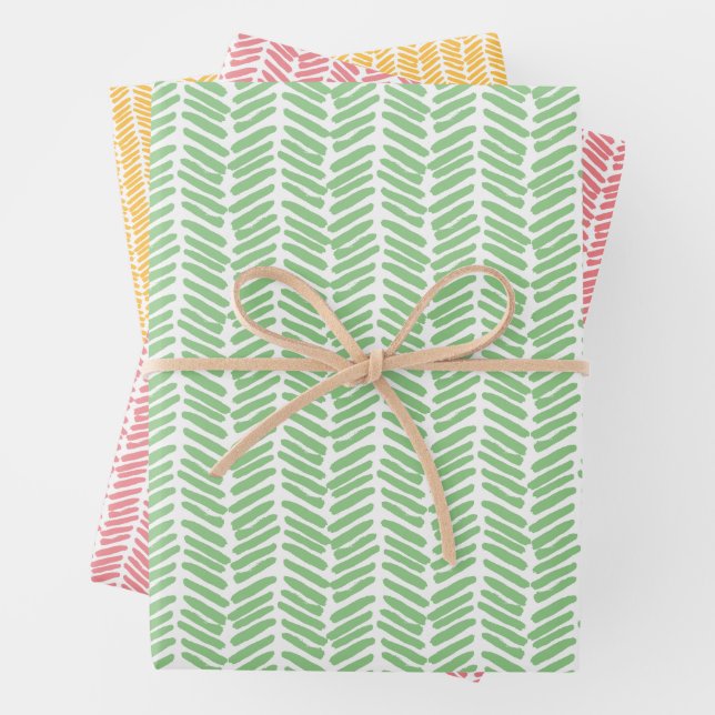 Feuille De Papier Cadeau Coral Rouge soleil Jaune Vert Abstrait Zigzag Art (En situation)