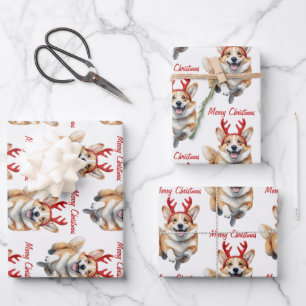 Feuille De Papier Cadeau Corgi de Noël avec bois de rennes