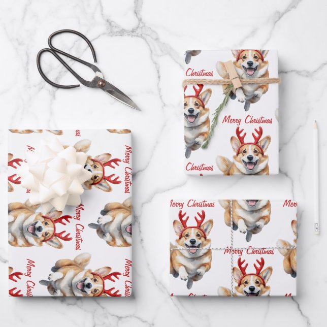 Feuille De Papier Cadeau Corgi de Noël avec bois de rennes (Recto)