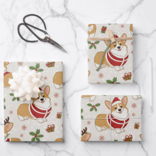 Feuille De Papier Cadeau Corgi de Noël Mignon Chien de vacances en chapeau