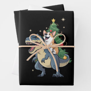 Feuille De Papier Cadeau Corgi Noël Dinosaure Arbre Rex Vacances Xmas 
