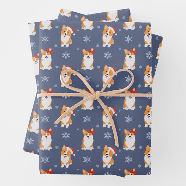 Feuille De Papier Cadeau Corgis à Santa Hats et Snowflakes Motif (En situation)