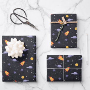 Feuille De Papier Cadeau Cosmos Fusées Vaisseaux Spatiaux Ovnis Planètes Ét