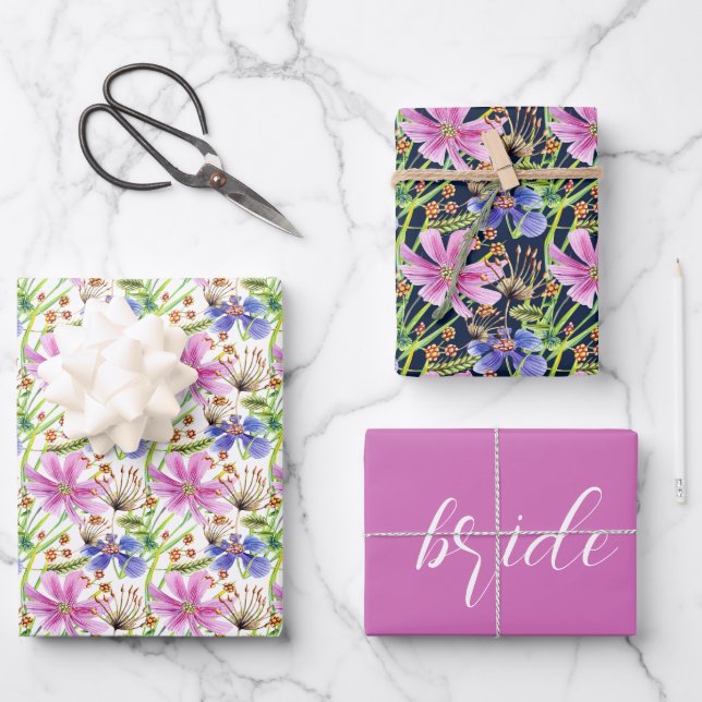 Feuille De Papier Cadeau Cosmos rose et bleu Mariage  (Recto)