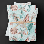 Feuille De Papier Cadeau Côte Chic | Motif pastel turquoise et récif de cor<br><div class="desc">Un élégant design de plage "sous la mer" à l'aquarelle sur le thème nautique, peint à la main, en teintes de sarcelle foncée, de vert menthe et de cuivre rose doré, apporte une touche moderne à un vieux thème. La collection présente des coquillages, des étoiles de mer, un hippocampe et...</div>