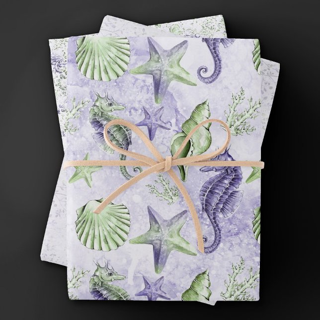 Feuille De Papier Cadeau Côté Plage Chic | Joli Violet et Vert Sous l'Océan (Créateur téléchargé)