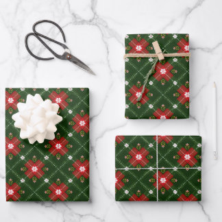 Feuille De Papier Cadeau Cottage Noël carreaux avec croix florale rouge