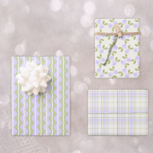 Feuille De Papier Cadeau Cottage Roses, Tartan et Stripes Ensemble en viole