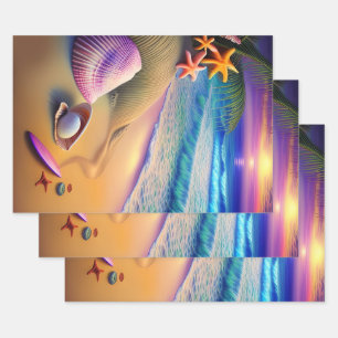 Feuille De Papier Cadeau Coucher de soleil sur la plage de l'Imaginaire tro