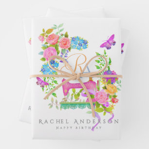 Feuille De Papier Cadeau Coudre le ruban de carbone Floral Monogramme blanc