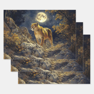 Feuille De Papier Cadeau Cougar in the Moonlight Wildlife Art Decoupage