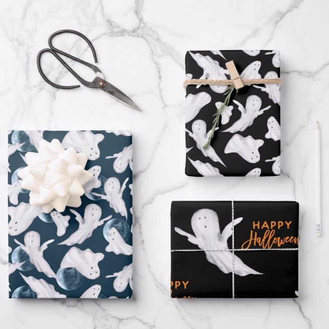 Feuille De Papier Cadeau Couleur d'eau douce Fantômes d'Halloween (Recto)