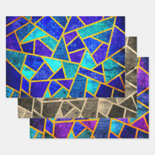 Feuille De Papier Cadeau Couleurs bleues vintages et géométriques or 