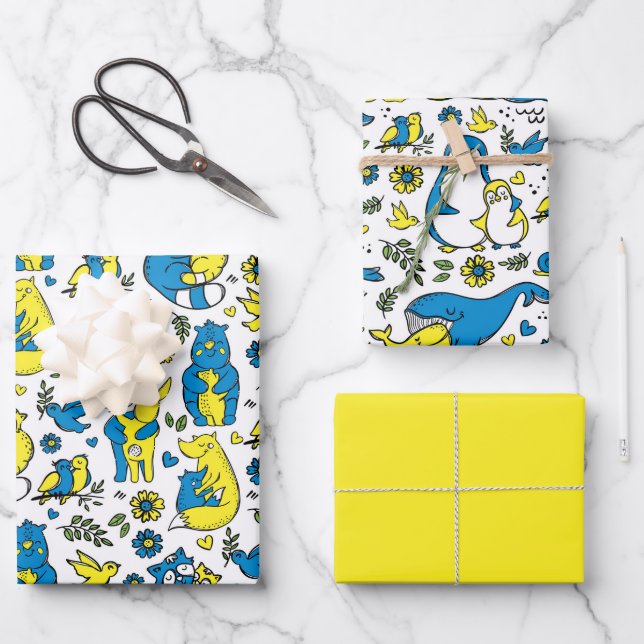 Feuille De Papier Cadeau Couleurs de l'Ukraine Enfants Bleu Jaune Blanc (Recto)