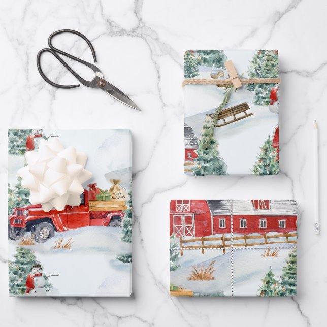 Feuille De Papier Cadeau Country Farm Camion Camion Snowman (Recto)