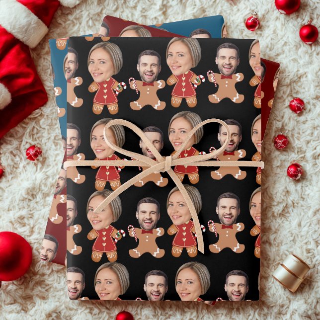 Feuille De Papier Cadeau Couple en pain d'épice à visage personnalisé drôle (Créateur téléchargé)