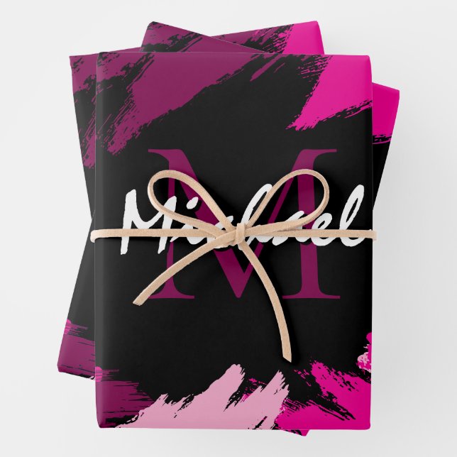 Feuille De Papier Cadeau Coups de pinceau nuances de rose chaud nom avec mo (En situation)
