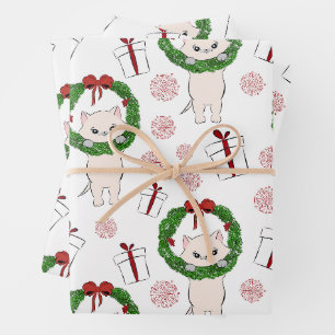 Feuille De Papier Cadeau Couronne de Noël, chaton et cadeaux