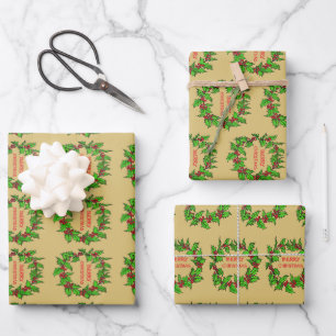 Feuille De Papier Cadeau Couronne de Noël en houx avec baies