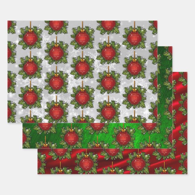 Feuille De Papier Cadeau Couronne de Noël Rouge Blanc & Vert (Lot)