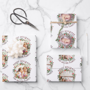 Feuille De Papier Cadeau couronne de Noël, rouge Joyeux Fêtes trois photo