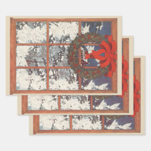 Feuille De Papier Cadeau Couronne de Noël vintage dans une fenêtre avec de
