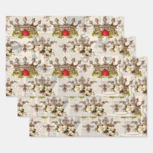 Feuille De Papier Cadeau Couronnes florales Vintages avec abeilles