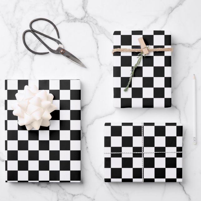 Feuille De Papier Cadeau Course damier noir et blanc  (Recto)