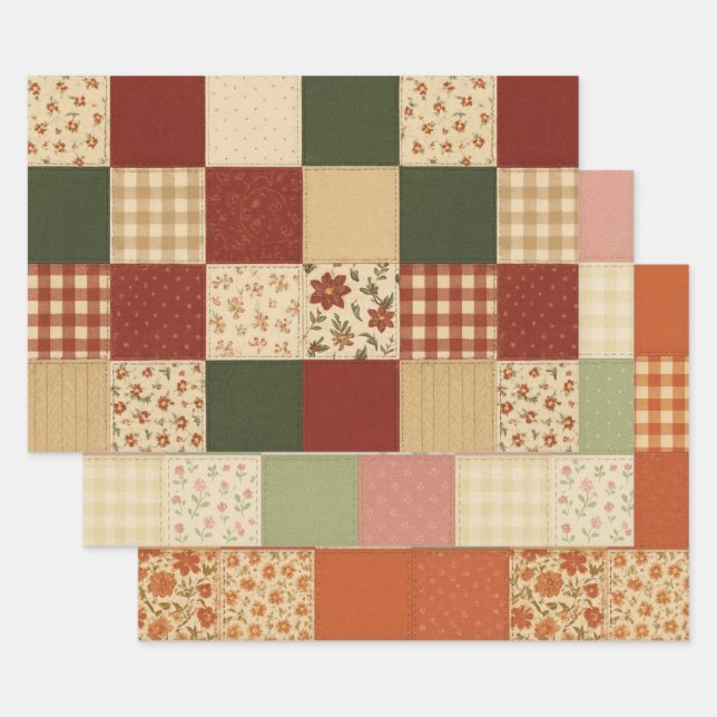 Feuille De Papier Cadeau Courtepoint Patchwork Rouge Vert Maison de Ferme R (Lot)