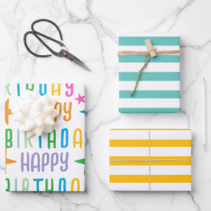Feuille De Papier Cadeau Coutume colorée et rayures blanches Joyeux anniver