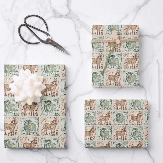 Feuille De Papier Cadeau Couverture imprimée en bloc Mouton Âne - Vert Brun (Recto)