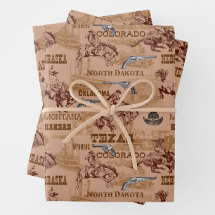 Feuille De Papier Cadeau Cow-boys Broncos Six Shooters Rodeo Far West