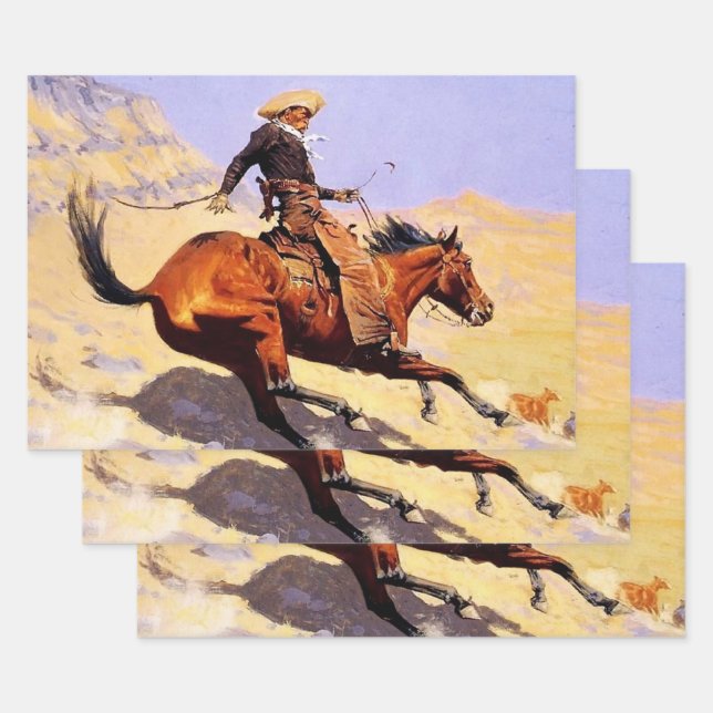 Feuille De Papier Cadeau Cowboy Western Art par Frederic Remington (Lot)