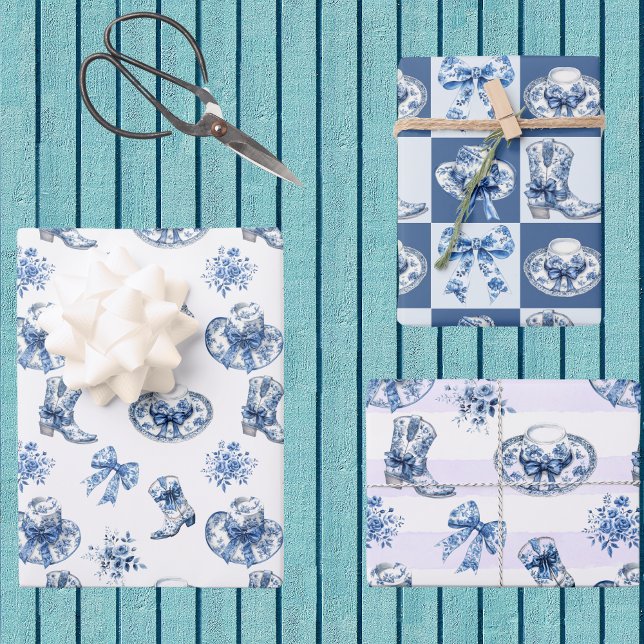 Feuille De Papier Cadeau Cowgirl Bleue et Blanche Toile de Jouy Chinoiserie (Créateur téléchargé)