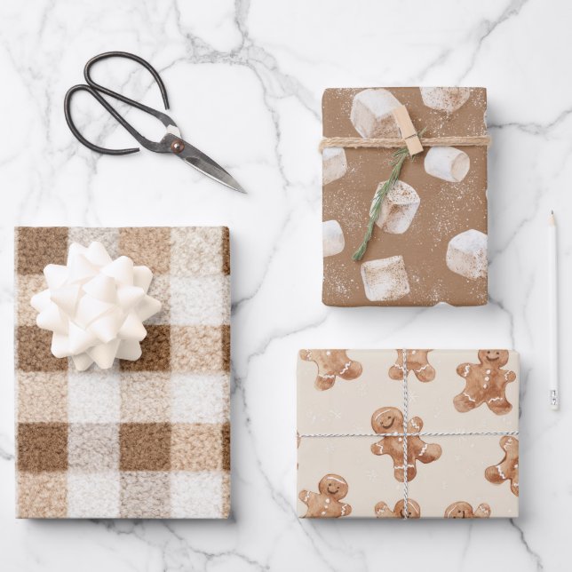 Feuille De Papier Cadeau Cozy Christmas Cocoa Plaid Marshmallow Gingerbread (Recto)