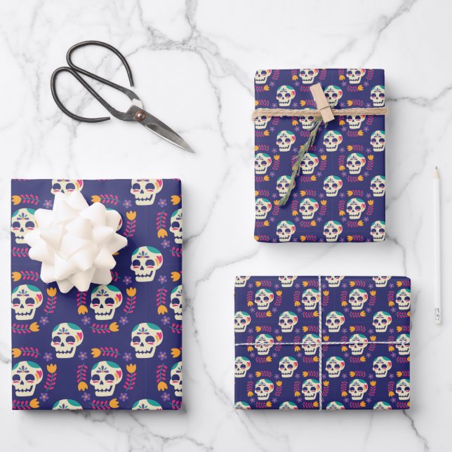 Feuille De Papier Cadeau Crâne de sucre violet (Recto)