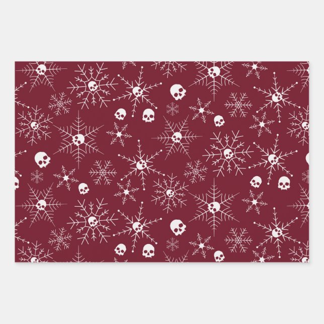 Feuille De Papier Cadeau Crâne effrayant Creepmas Noël Snowflakes rouge (Devant)