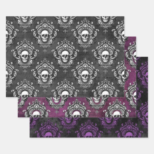 Feuille De Papier Cadeau Crâne gothique gris et mauve (Lot)