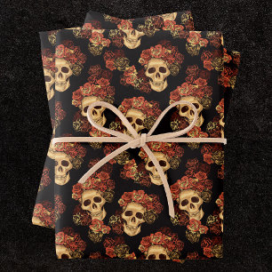 Feuille De Papier Cadeau Crâne gothique Rouge Rose Noir Halloween Motif