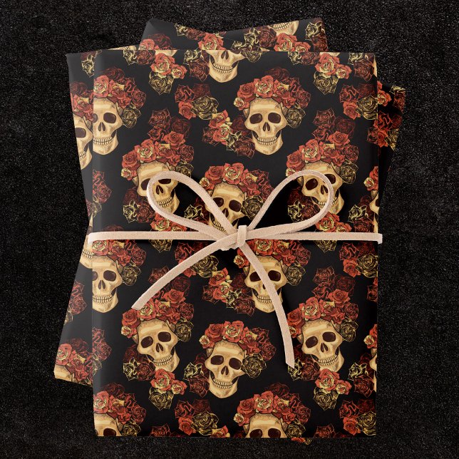 Feuille De Papier Cadeau Crâne gothique Rouge Rose Noir Halloween Motif (Créateur téléchargé)