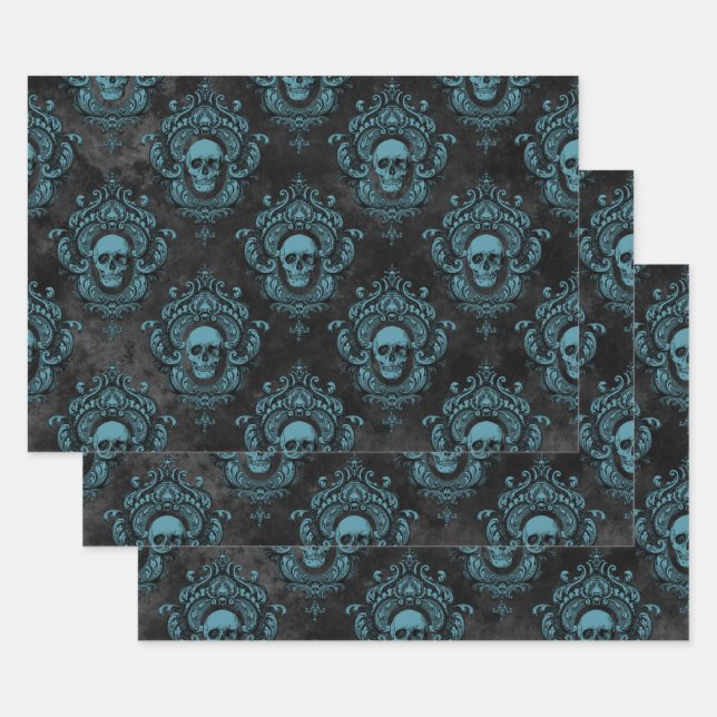 Feuille De Papier Cadeau Crâne Turquoise et gothique gris foncé (Lot)