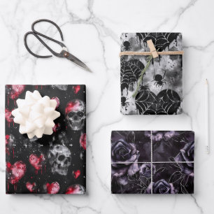 Feuille De Papier Cadeau Crânes d'amour gothique et Coeurs rouges